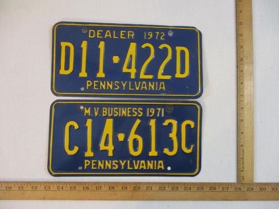 Two Unique 1970s Metal Pennsylvania License Plates: Dealer 1972 D11-422D and M.V. (Moving Vehicle)