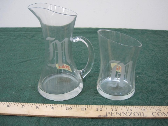 Glass Pitcher and Drinking Glass Etched Initial M