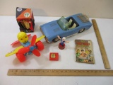 Lot of Vintage Toys including Steven Giant Gyroscope, Popeye Push Button Toy, plastic pull along