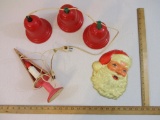 Three Vintage Christmas Items including Santa Head (styrofoam with plastic), 3 bell light set and