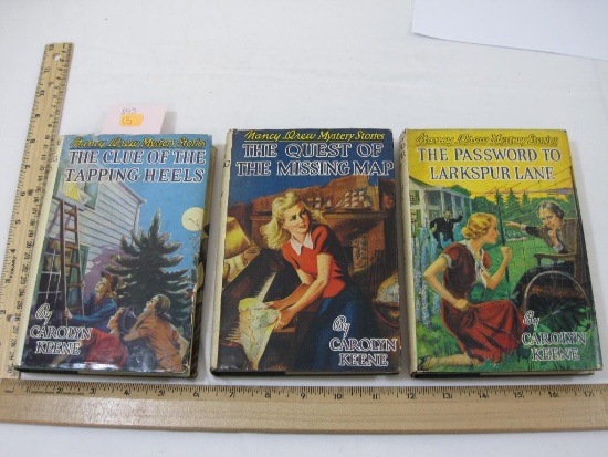 Three Nancy Drew Mystery Stories Books including 1939 The Clue of the Tapping Heels, 1933 The