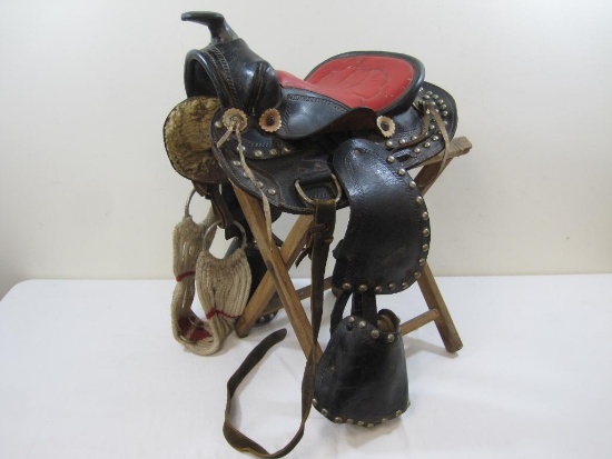 Leather Children's Western Horse Saddle Marked 45-B Stool not included