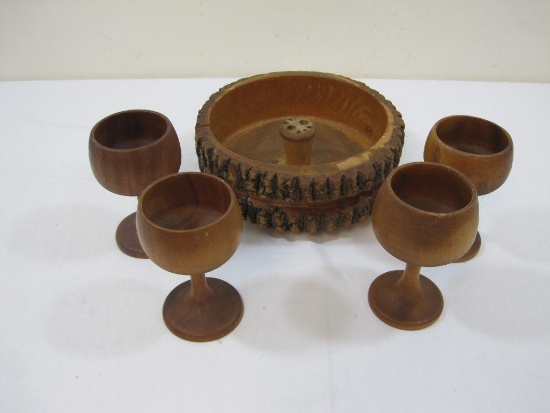 Wooden Rustic Bowl with Four Wooden Cups