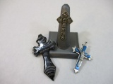 Cross Jewelry Items: fused glass pendant, crucifix pendant and gold tone ring (size 5), 2 oz