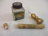 Vintage Freflo Fountain Pen Ink Bottle, Carl's Corner Truck Stop Toothpick Holder, and awl, 4 oz