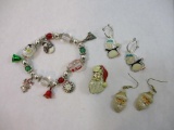 Christmas Jewelry including earrings, pin and charm bracelet, 2 oz