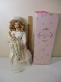 Victorian Battenberg Lace Porcelain Doll with Stand, ABC Distributing Inc, in original box, 2 lbs 4