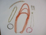 Assorted Jewelry Items, mostly pink and gold tone including pink seashell bracelet, coral acrylic