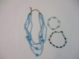 Three Blue Beaded Jewelry Items including multistrand seed bead necklace, heart bracelet and more, 2