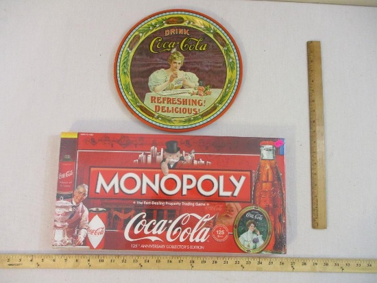 Sealed Coca-Cola Monopoly Game and Vintage Metal Coca-Cola Serving Tray commemorating the 75th