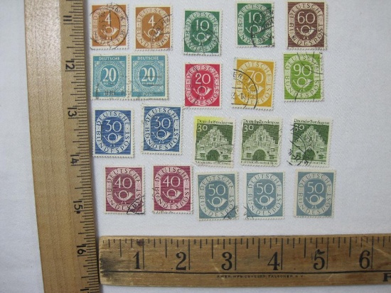 Assortment of German Postage Stamps includes 20 Pfennig, Flensburg/Scheswig and others, canceled