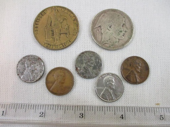 7 Assorted Coins: Washington Masonic Memorial Alexander May 12 1932 Token, silver 1949 Belgium 50