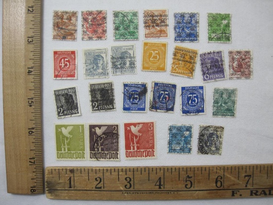 German Postage Stamps includes 45 Pfennig, 12 Pfennig, 1 Mark, and more, some with hinge some
