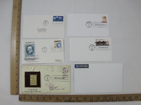 Five US Postal First Day Covers including Authorized Gold Stamp Replica Emily Bissell, Ameripex 86