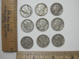 Set of Nine Mercury Dimes, see pictures