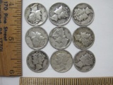 Set of Nine Mercury Dimes, see pictures