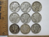 Mercury Dimes, Nine, Assorted Dates, see pictures