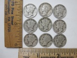 Nine Mercury Dimes, Assorted Dates, see pictures