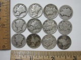 Twelve Mercury Dimes Assorted Dates