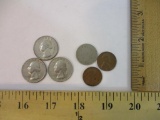 Three 1976 Bicentennial Washington Quarters, 2 Lincoln Wheat Pennies (1944 & 1955) and 1891 V Nickel