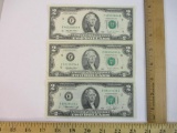 Three US Two-Dollar Bills: 1976 B39329438A, 1995 F02194934A and 1995 F40635664B