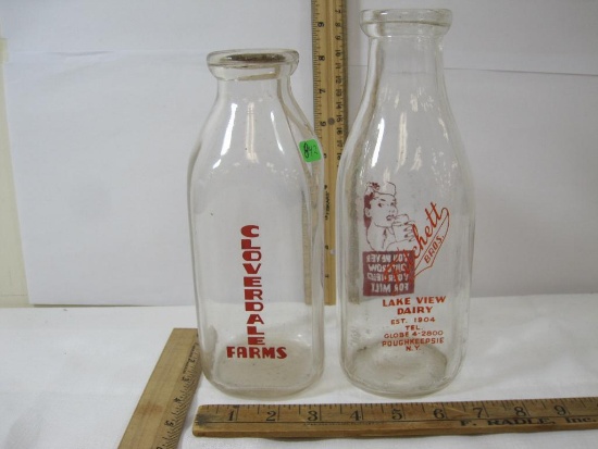 Two Milk Bottles, Cloverdale Farms Binghampton NY with top, Fitchett Bros Poughkeepsie NY