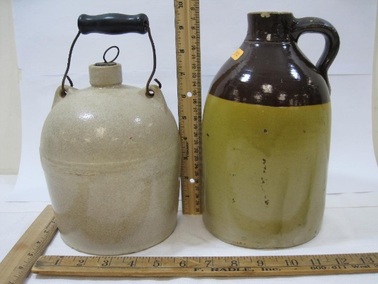 Stoneware jugs, 1 has Wire Handle with Cork Stopper 7.5 inches tall, 1 at 9.5 inches tall with
