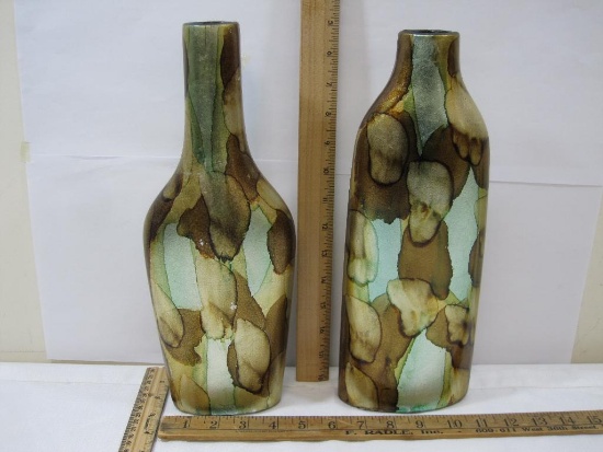 Two Colorful Foil Print Bottle Shape Vases, one with hairline crack, see photos for detail