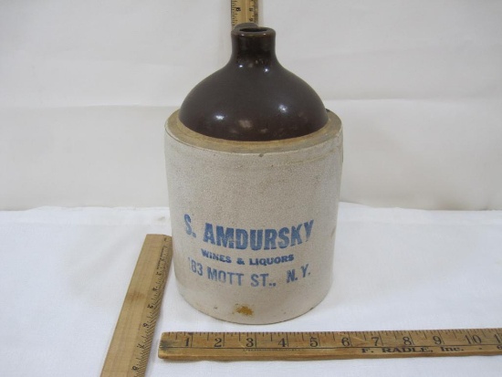 Brown Top Stoneware Liquor Jug, S Amdursky Wines & Liquors Mott St NY, 9.25 inches tall
