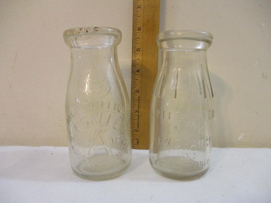 Two Massachusetts Clear Glass Embossed Half Pint Milk Bottles: A F Allen (Longmeadow MASS) and