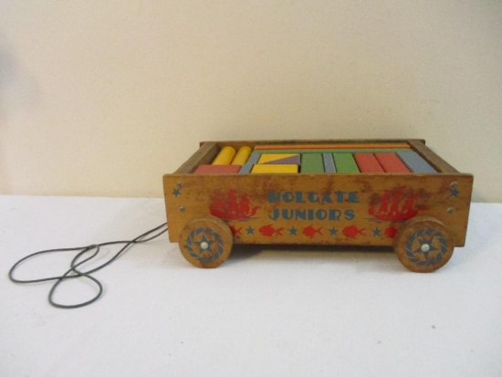 Vintage Holgate Juniors Wooden Building Blocks and Wagon, 12 lbs