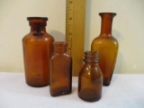 Four Vintage Brown Glass Bottles including embossed Lysol (Bloomfield NJ), Vicks and more, 9 oz