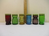 Six Vintage Decorated Embossed Colored Glass Spice Jars, Wheaton NJ, see pictures for condition of