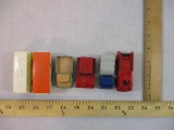 Six Miniature Diecast Cars from Lesney and Corgi including Snow Trac no. 35, Trailer Caravan no. 57,