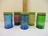 Five Vintage Decorated Embossed Colored Glass Spice Jars, Wheaton NJ, see pictures for condition of