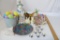 Easter Lot - Spring tin can, egg design palte, paper mache rabbit, basket of cardboard vegetables,