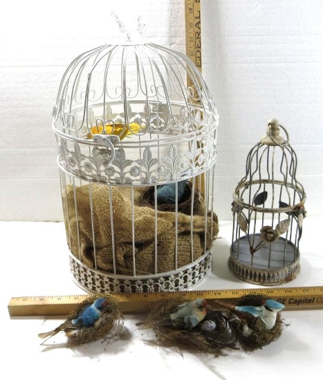 Two Decorative Bird Cages, one old, with 5 fake birds and 4 nests.