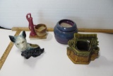 4 Vintage Planters: dog, water pump, McCoy wishing well, 2 piece pottery planter