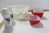 Mixed Kitchen Lot with 3 Pyrex refrigerator dishes, two with lids; Fire King Peach Blossom Mixing