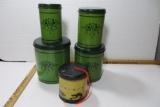 Tin String Holder and 4 Green Tin Canisters.