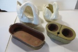 4 Planters, 2 swans, 1 metal oval, 1 pottery 3 piece