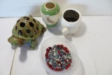 Turtle Planter, Turtle Candle Holder, Dragon Fly Vase and flower stones