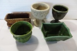 Five Planters: round green Haeger, rectangle brown, rectangle green USA pottery, round green hull