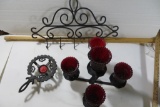 Black Metal Candle Holder with 5 red votive holders, Wilton warming trivet, 5 Hook rack