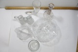 Crystal Items to include 2 cruets, 3 footed bowl, cornucopia, candlestick, small split relish, bowl