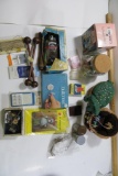 Mixed Sewing items: 2 pin cushion, doll parttern, button holer, sewing kit in a jar, buttons,
