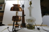 Three Lamps: 1 copper fondue pot lamp, 1 wooden square sided lamp, and 1 white glass with gold