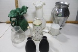 Miscellaneous Glass to include 5 vases, 1 green pottery pitcher, 1 chocolate pot - no lid, 1