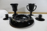 Black Amethyst Glass. Two Console bowls with matching candle holders (1 rim chip), 2 urns, matching