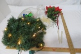 Miscellaneous Christmas items, lighted garland, small ornaments, glass lidded bell container,